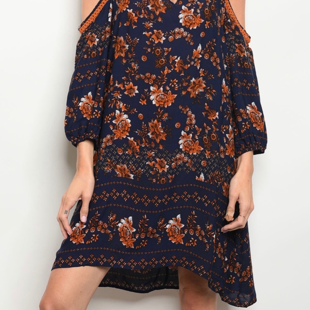 Brand New Navy Floral Boho Cold Shoulder Dress - Picture 3 of 7
